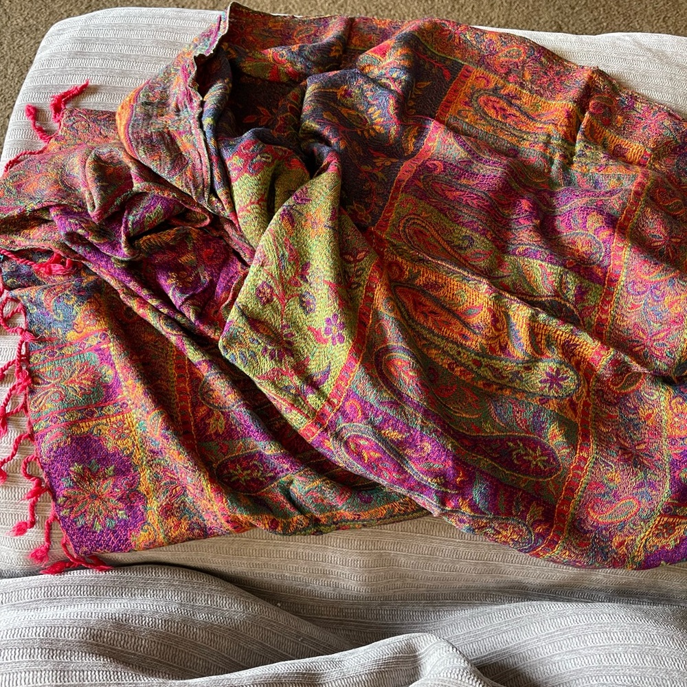 Colorful Paisley Scarf with Rich Jewel Tones & Fringed edges